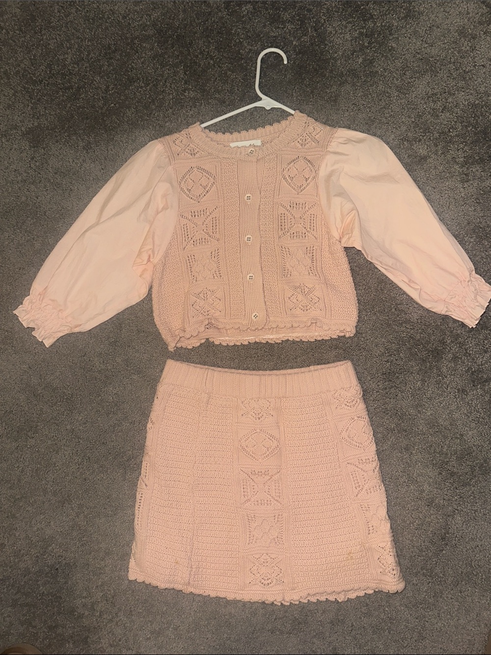 Girls Pink Knit Cardigan & Skirt Set